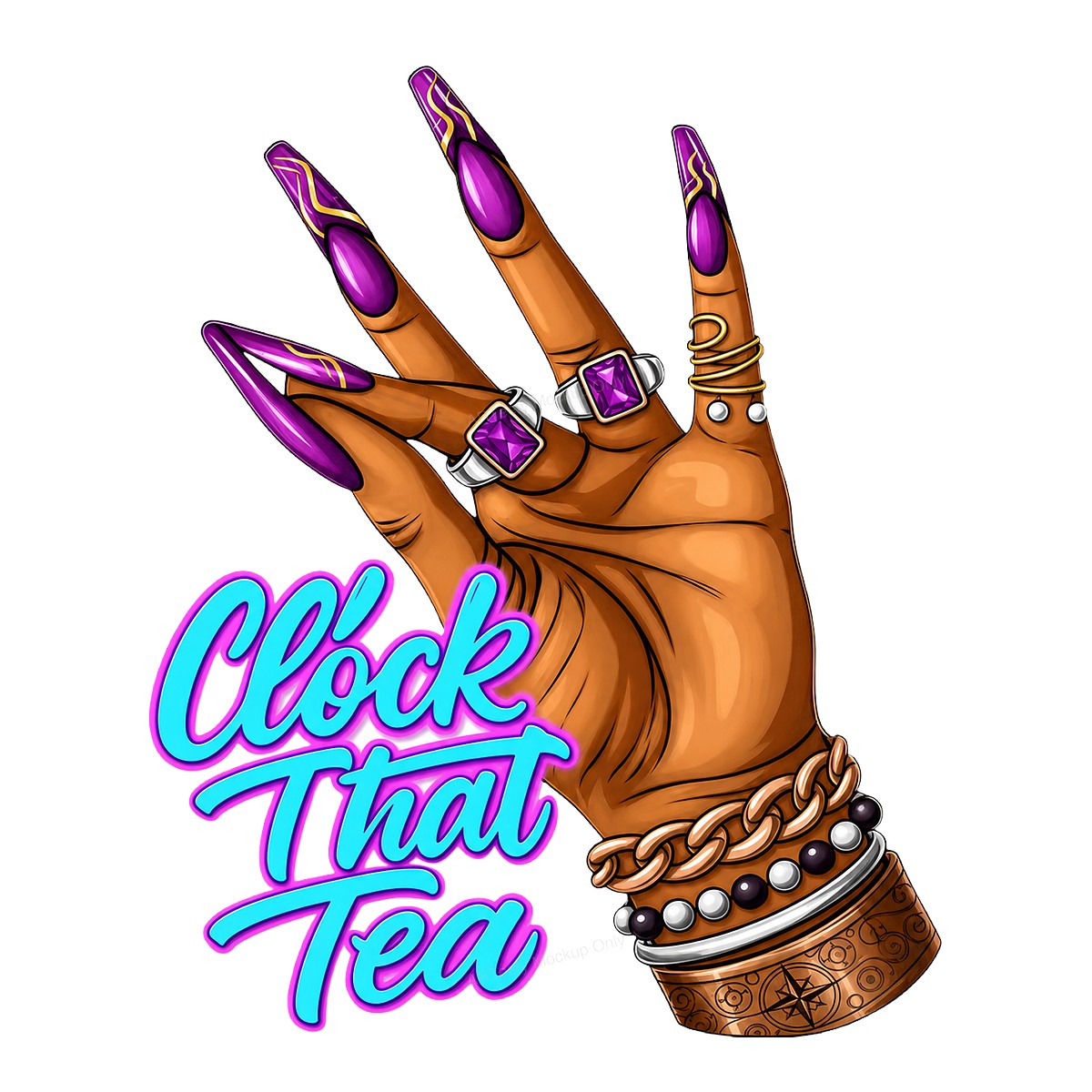 Funny Graphic Transfer “Clock That Tea” Hand with Long Purple Nails Design for T Shirts Hoodies and Tote Bags - 1