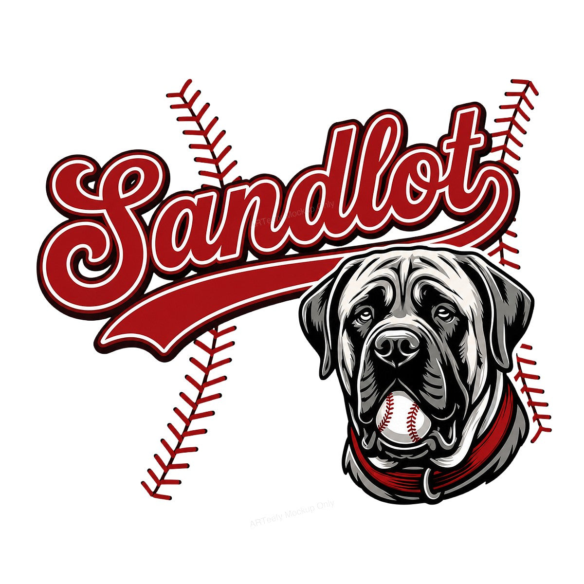 DTF Heat Transfer Sandlot Baseball Dog Graphic with Red Script Logo for T Shirts Hoodies and Team Apparel - 1