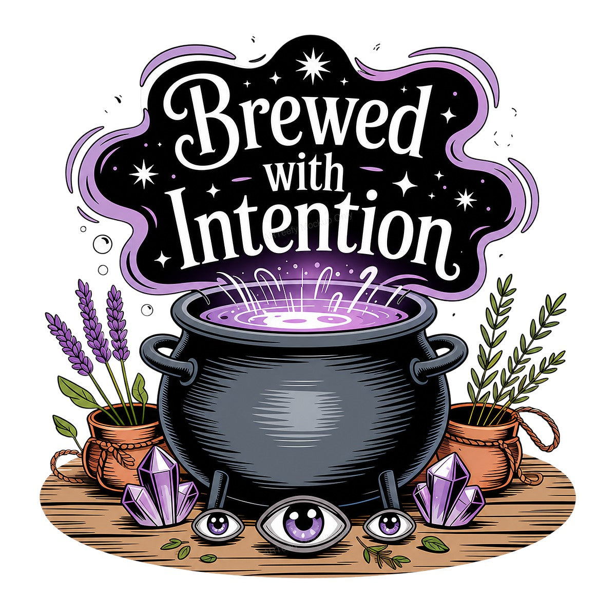 DTF Heat Transfer Brewed With Intention Witchy Cauldron and Crystals Graphic for T Shirts Hoodies and Tote Bags - 1