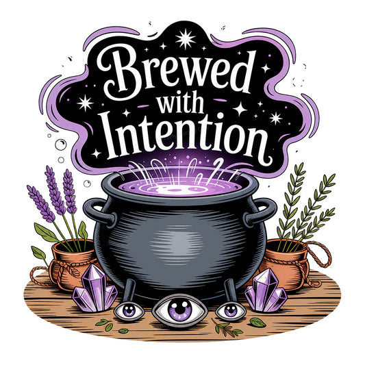 DTF Heat Transfer Brewed With Intention Witchy Cauldron and Crystals Graphic for T Shirts Hoodies and Tote Bags - 1