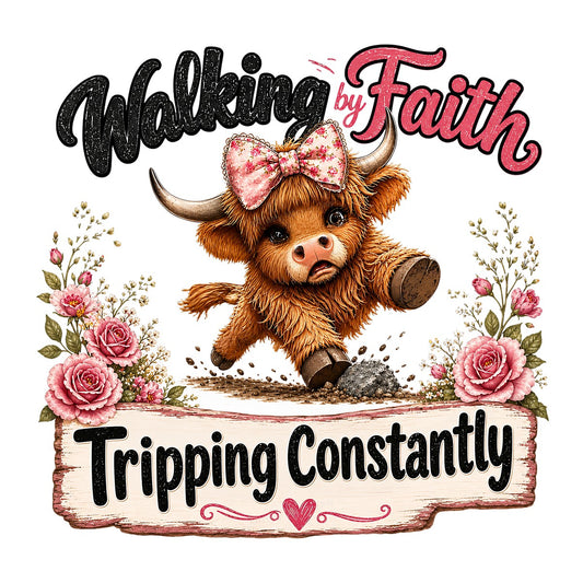 Christian Heat Transfer Walking By Faith Tripping Constantly Floral Cow Graphic for T Shirts Hoodies and Tote Bags - 1