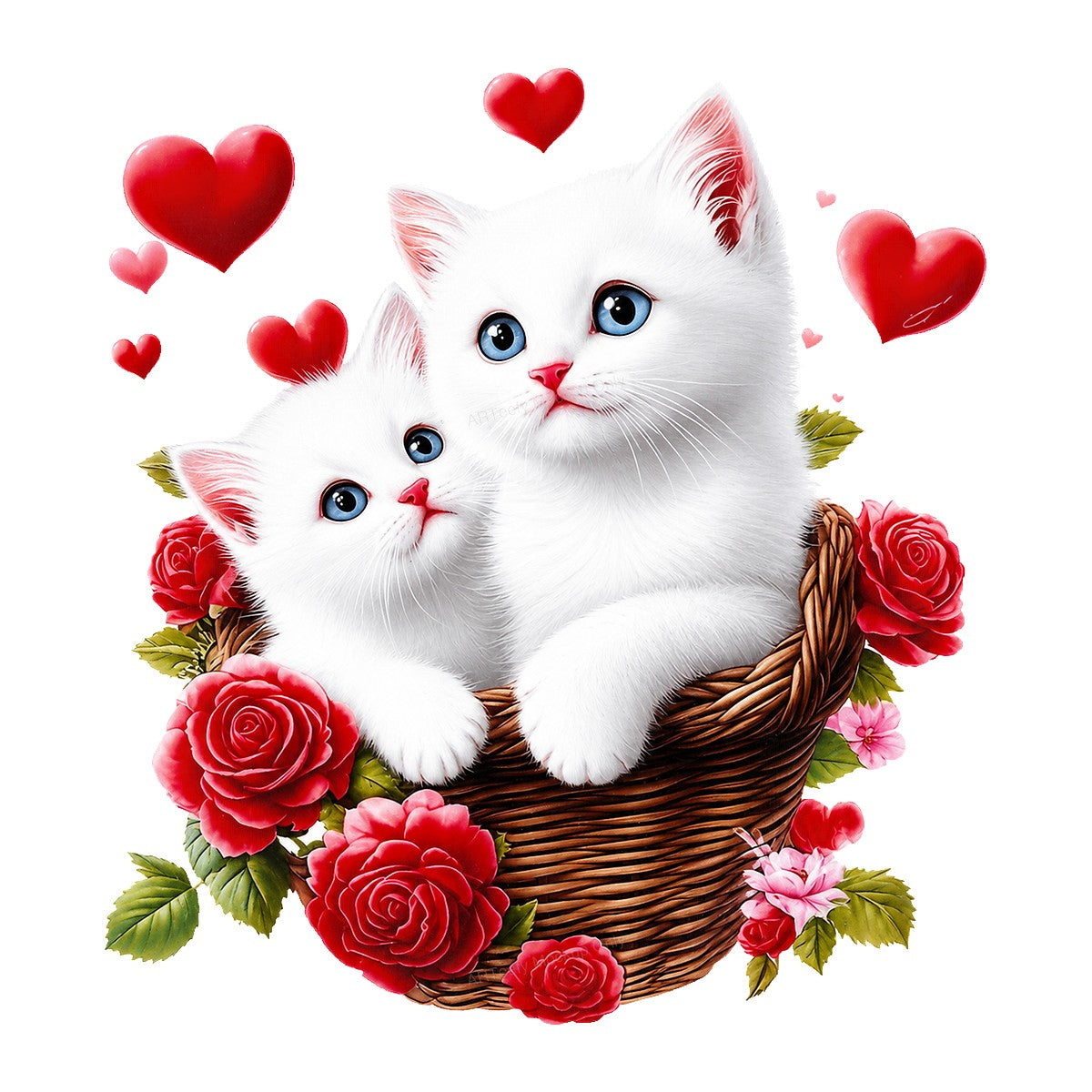 DTF Heat Transfer White Kittens in Basket with Red Roses and Hearts Graphic for T Shirts Hoodies and Gifts - 1