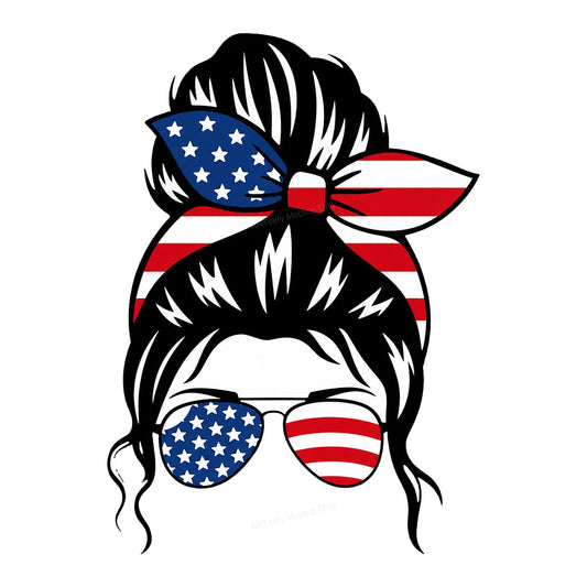 DTF Heat Transfer Patriotic Messy Bun American Flag Bandana and Sunglasses Graphic for T Shirts Hoodies and Tote Bags - 1