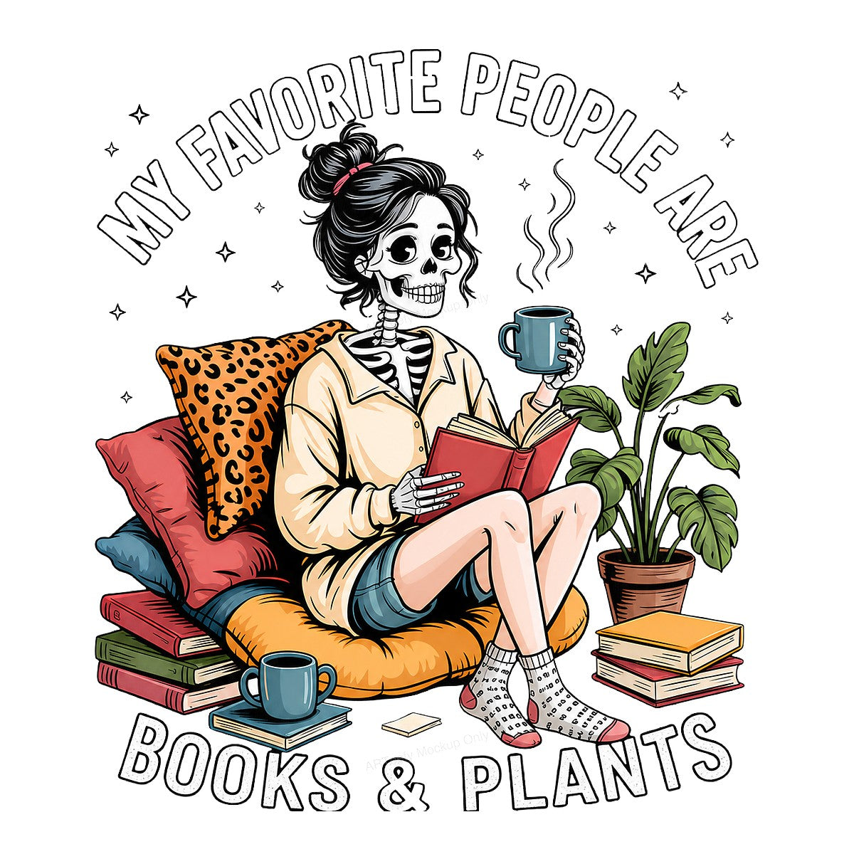 Funny Graphic Transfer My Favorite People Are Books & Plants Skeleton Girl Reading Art for T Shirts Hoodies and Tote Bags - 1