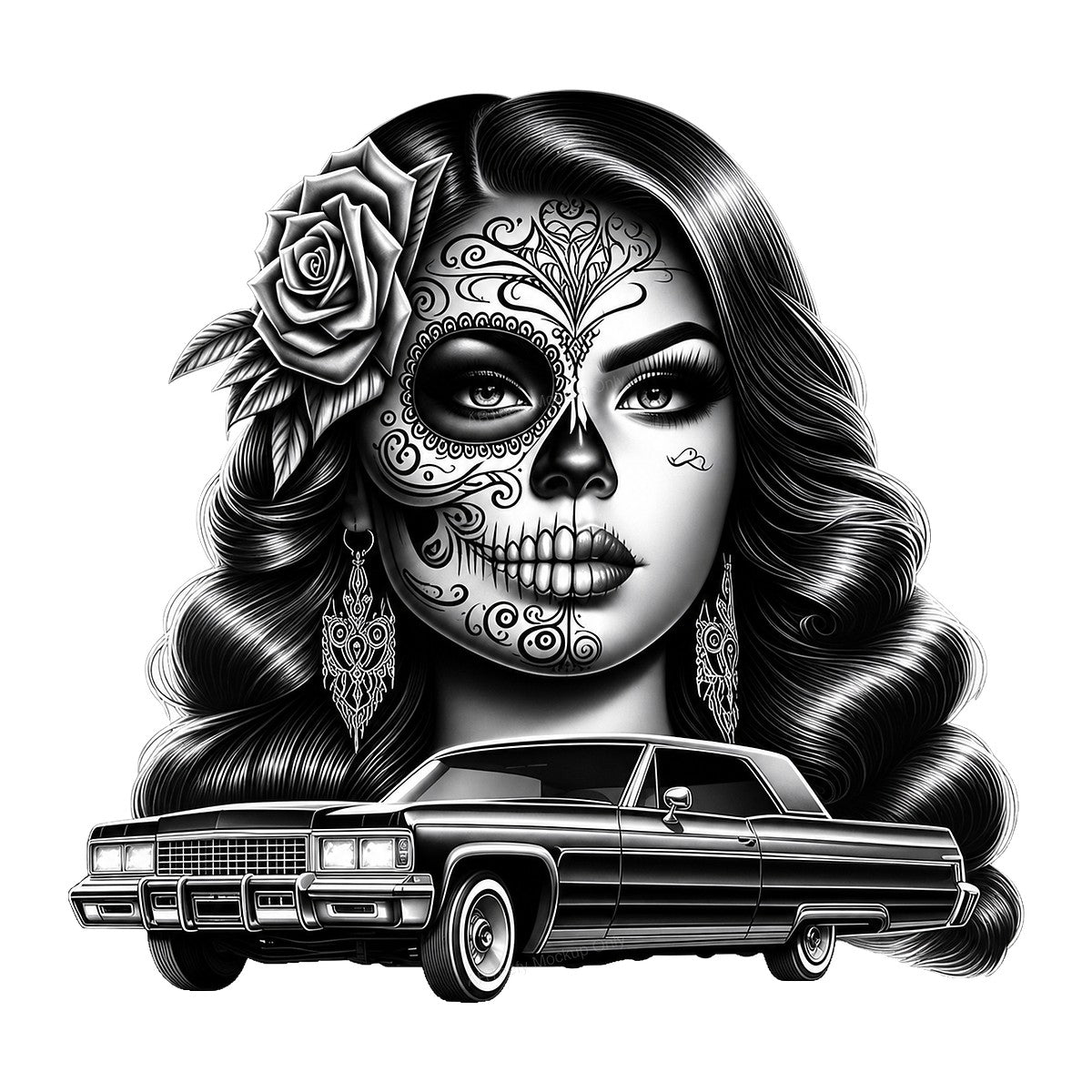 DTF Heat Transfer Lowrider Car with Latina Pinup Rose Art Black and White Graphic for T Shirts Hoodies and Streetwear Apparel - 1