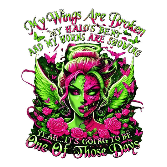 DTF Transfer My Wings Are Broken Quote Neon Angel Horns and Halo Graphic for T Shirts Hoodies and Casual Wear - 1