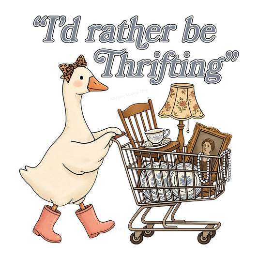 Funny Graphic Transfer I’d Rather Be Thrifting Goose with Shopping Cart Retro Vintage Style for T Shirts Hoodies and Tote Bags - 1