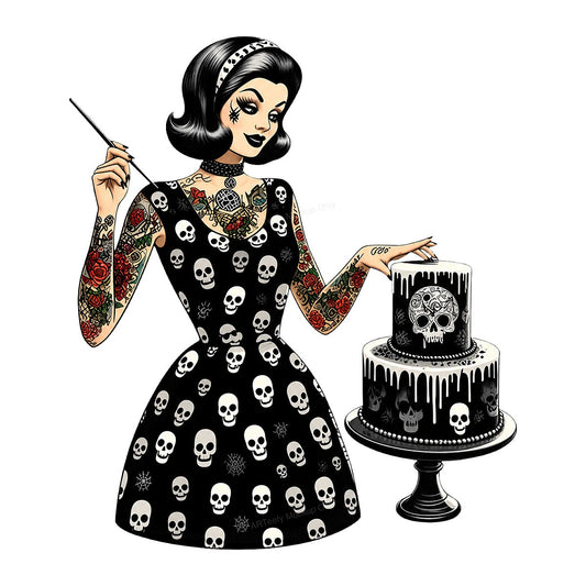 DTF Heat Transfer Retro Tattooed Baker with Skull Dress and Cake Graphic for T Shirts Hoodies and Aprons - 1