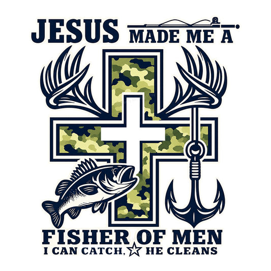 Christian Heat Transfer Jesus Made Me a Fisher of Men Camo Cross Anchor Graphic for T Shirts Hoodies and Gifts - 1