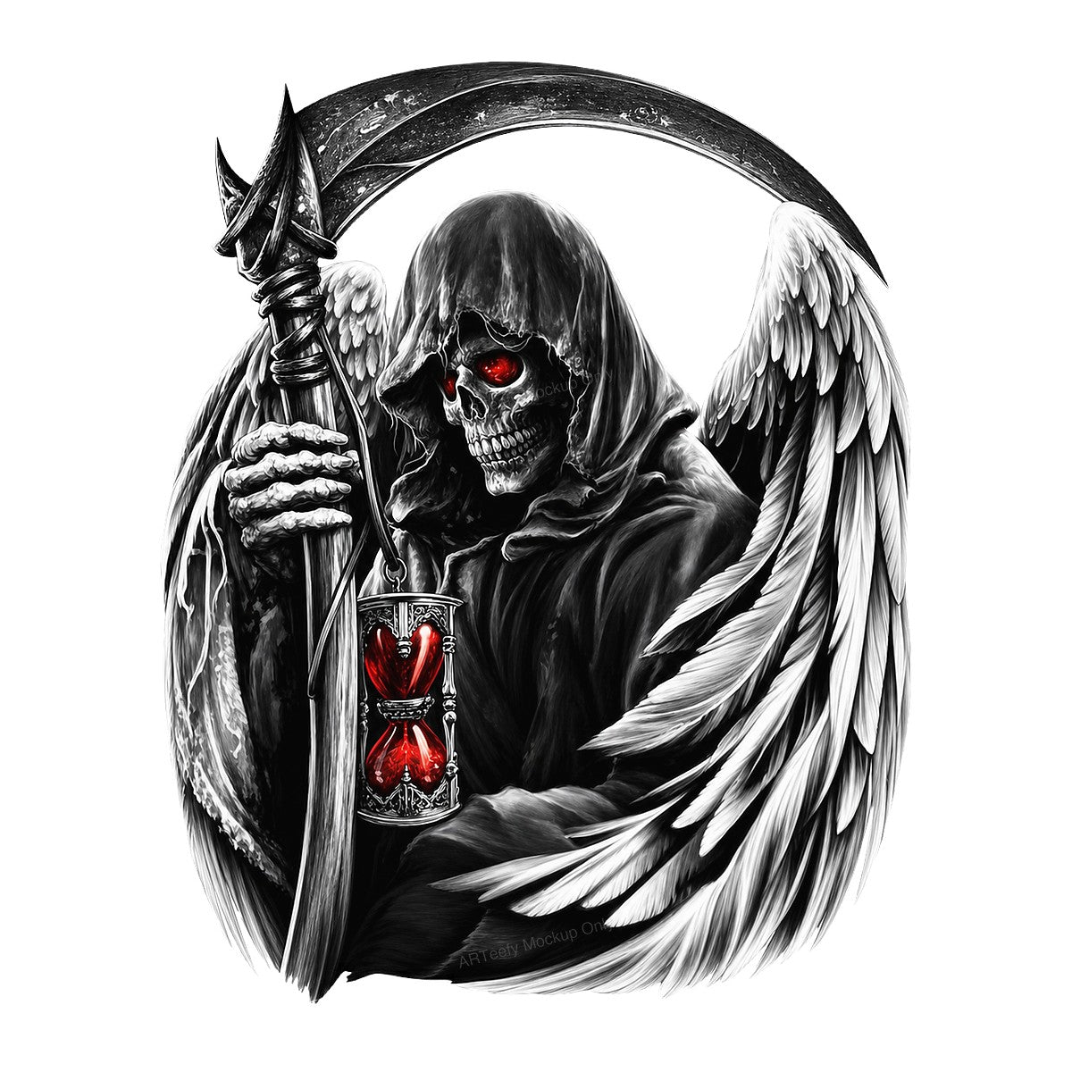 DTF Heat Transfer Grim Reaper Angel with Scythe and Red Hourglass Gothic Art for T Shirts Hoodies and Streetwear - 1