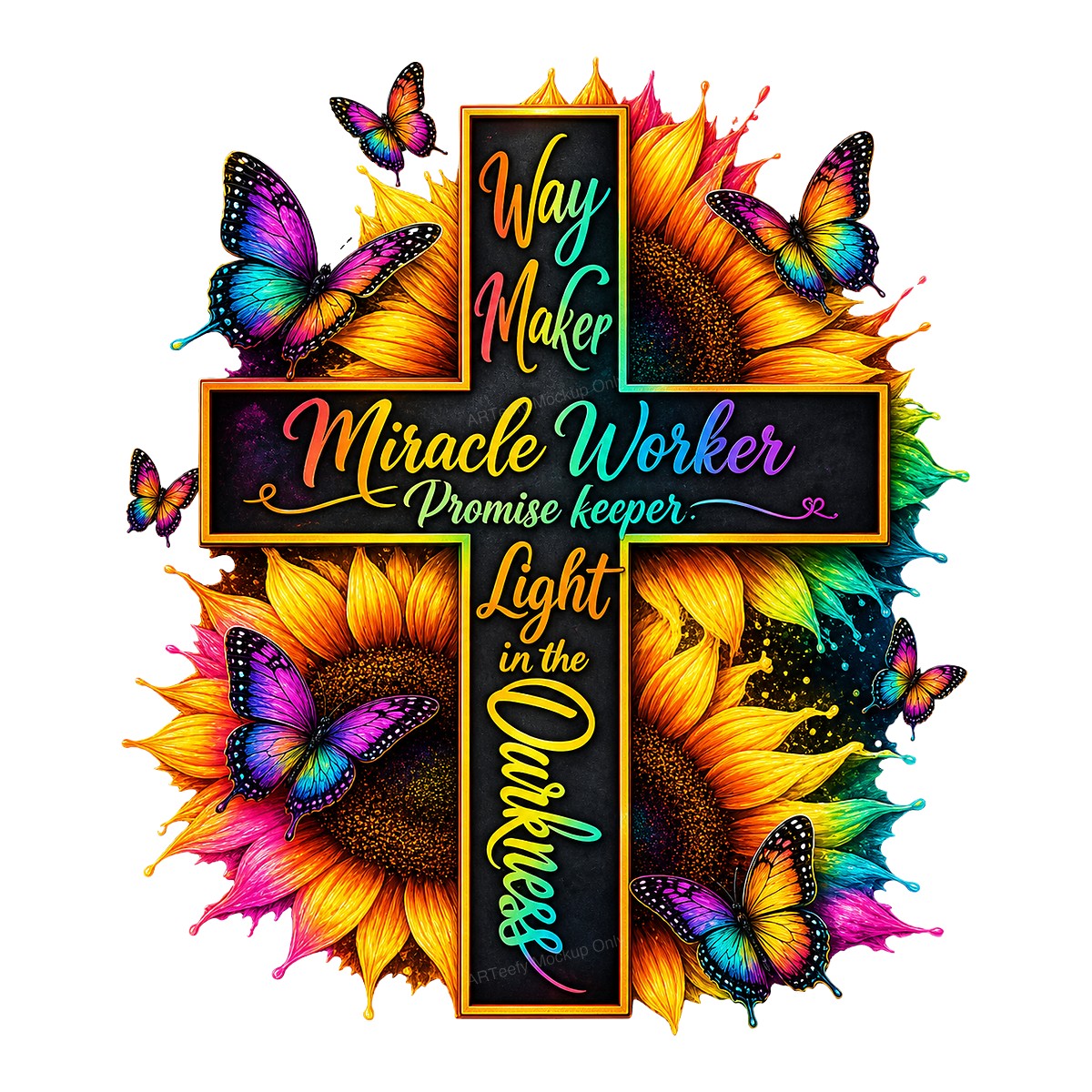 Christian Heat Transfer Way Maker Miracle Worker Quote Cross with Sunflowers and Butterflies for Christian Apparel and Gifts - 1