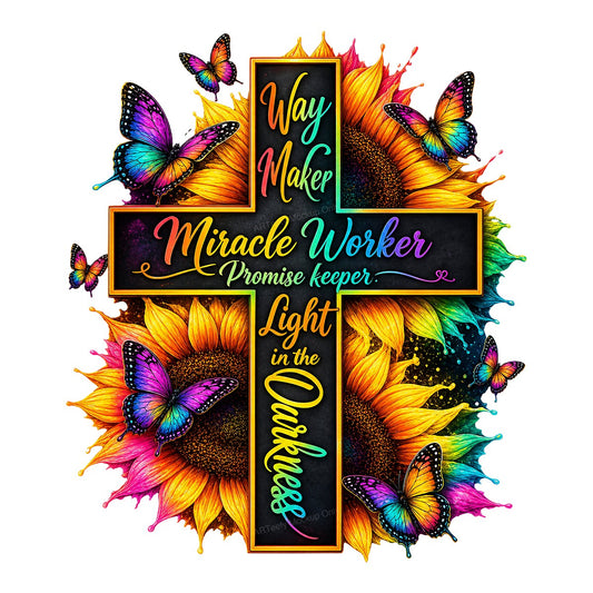 Christian Heat Transfer Way Maker Miracle Worker Quote Cross with Sunflowers and Butterflies for Christian Apparel and Gifts - 1