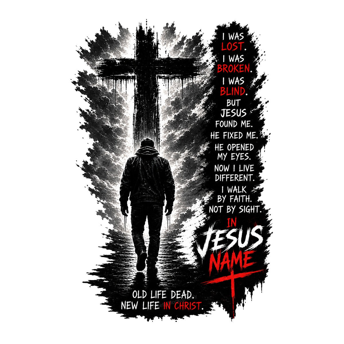 Christian Heat Transfer In Jesus Name Cross and Man Walking Graphic for T Shirts Hoodies and Christian Apparel - 1