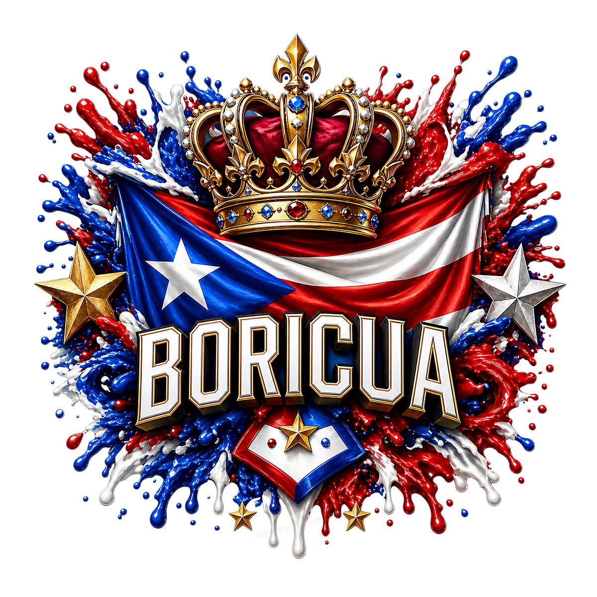 DTF Heat Transfer Boricua Puerto Rican Flag with Crown Splash Art Graphic for T Shirts Hoodies and Tote Bags - 1