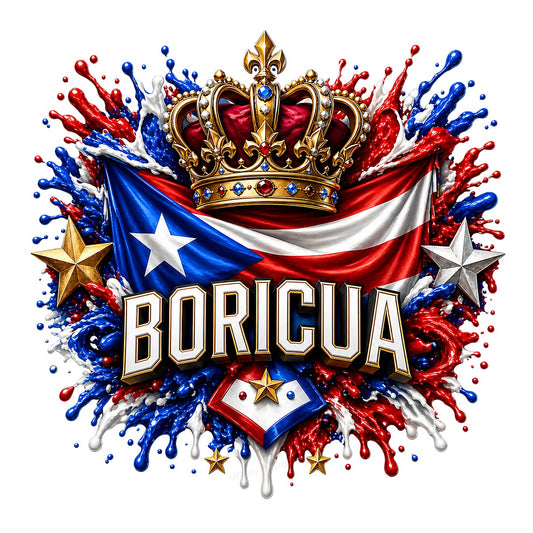 DTF Heat Transfer Boricua Puerto Rican Flag with Crown Splash Art Graphic for T Shirts Hoodies and Tote Bags - 1