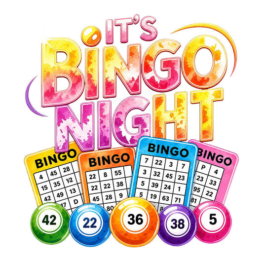 DTF Transfer It’s Bingo Night Quote with Colorful Cards and Balls Graphic for T Shirts Hoodies and Party Apparel - 1