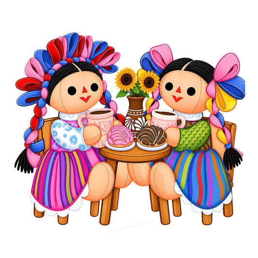 DTF Transfer Mexican Rag Dolls Drinking Coffee Colorful Folk Art Graphic for T Shirts Hoodies and Tote Bags - 1