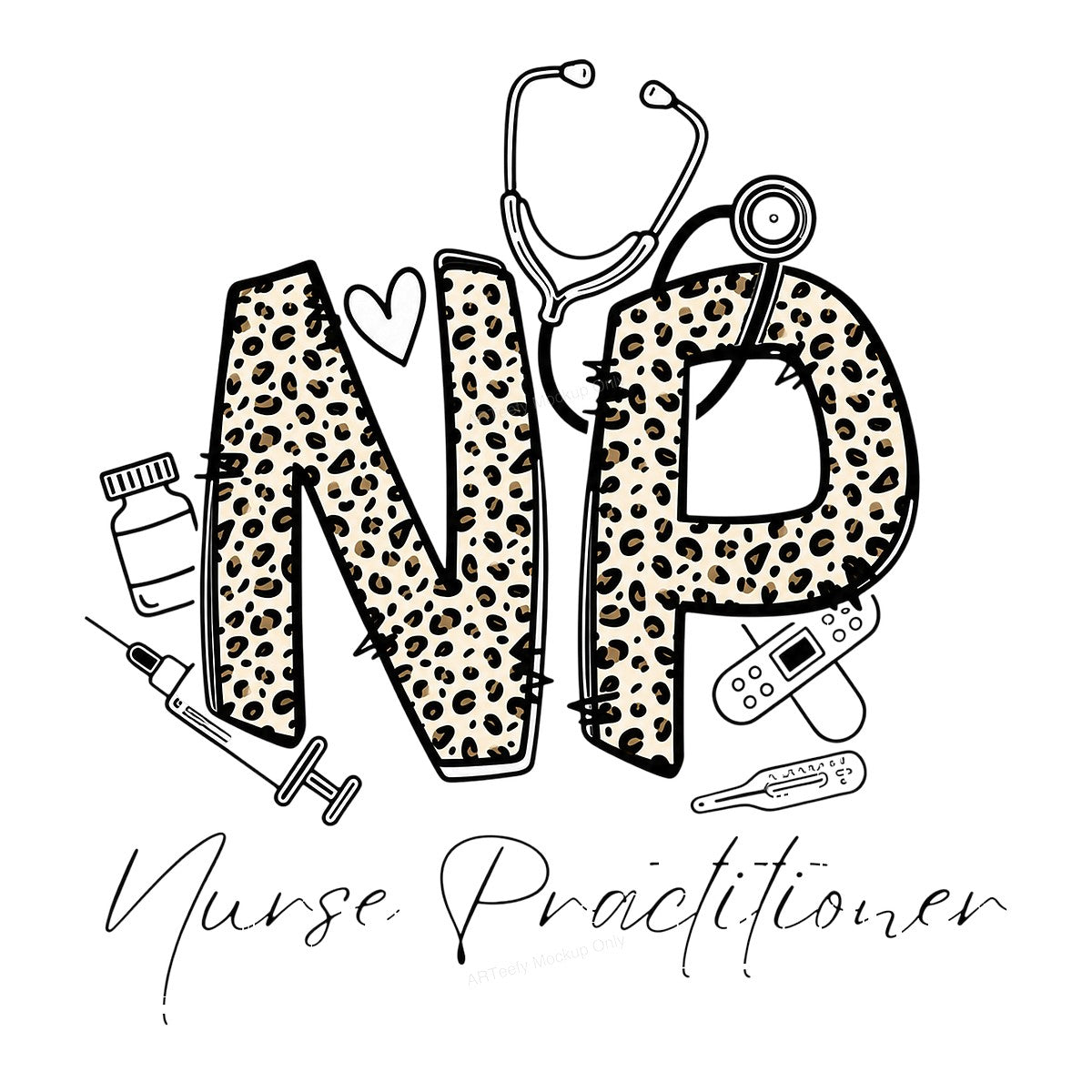 DTF Transfer NP Nurse Practitioner Leopard Print Medical Graphic for T Shirts Hoodies and Work Apparel - 1