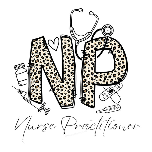 DTF Transfer NP Nurse Practitioner Leopard Print Medical Graphic for T Shirts Hoodies and Work Apparel - 1