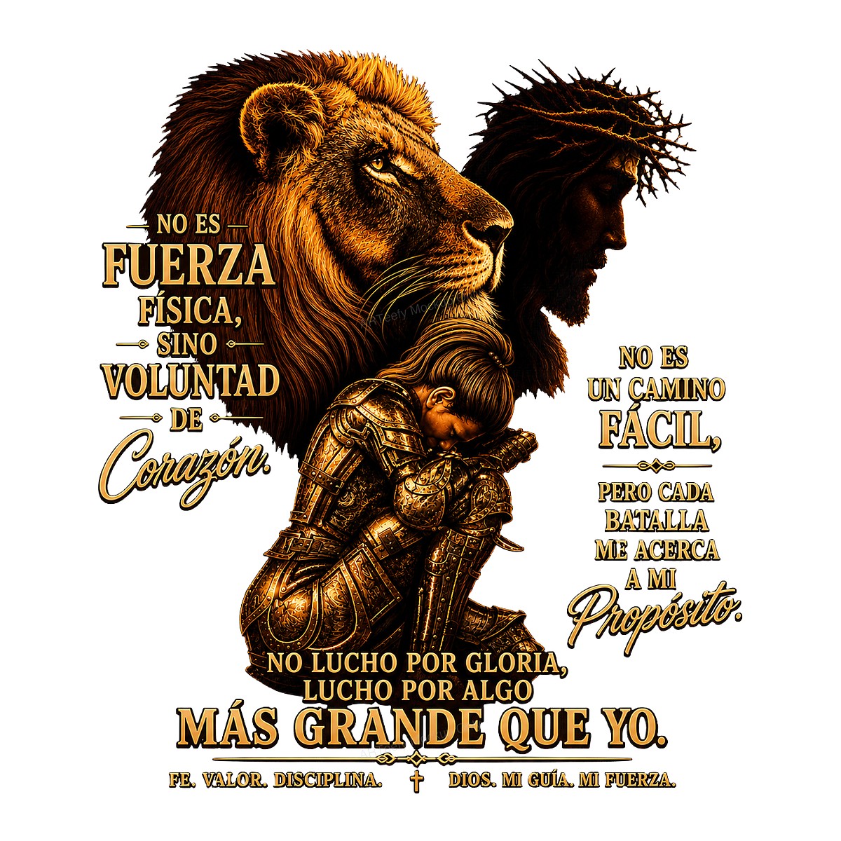 Christian Heat Transfer Lion and Armored Warrior Spanish Faith Quote Graphic for T Shirts Hoodies and Christian Apparel - 1