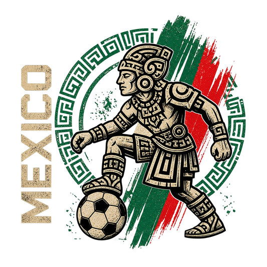 DTF Transfer Mexico Aztec Soccer Warrior Graphic with Green Red Brush Flag for T Shirts Hoodies and Game Day Apparel - 1