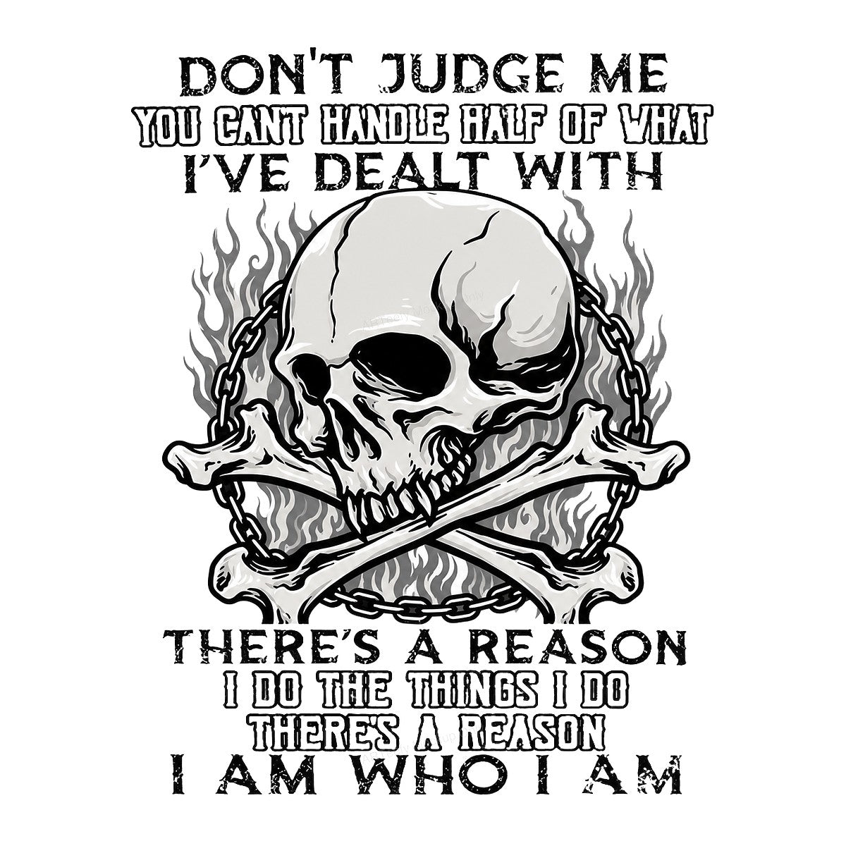DTF Transfer Don’t Judge Me Quote Flaming Skull and Crossbones Graphic for T Shirts Hoodies and Biker Apparel - 1