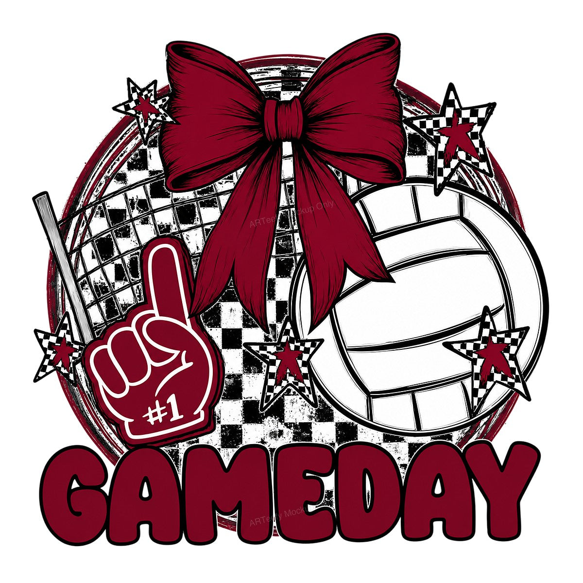 DTF Transfer Volleyball Gameday #1 Foam Finger and Bow Checkered Graphic for T Shirts Hoodies and Tote Bags - 1