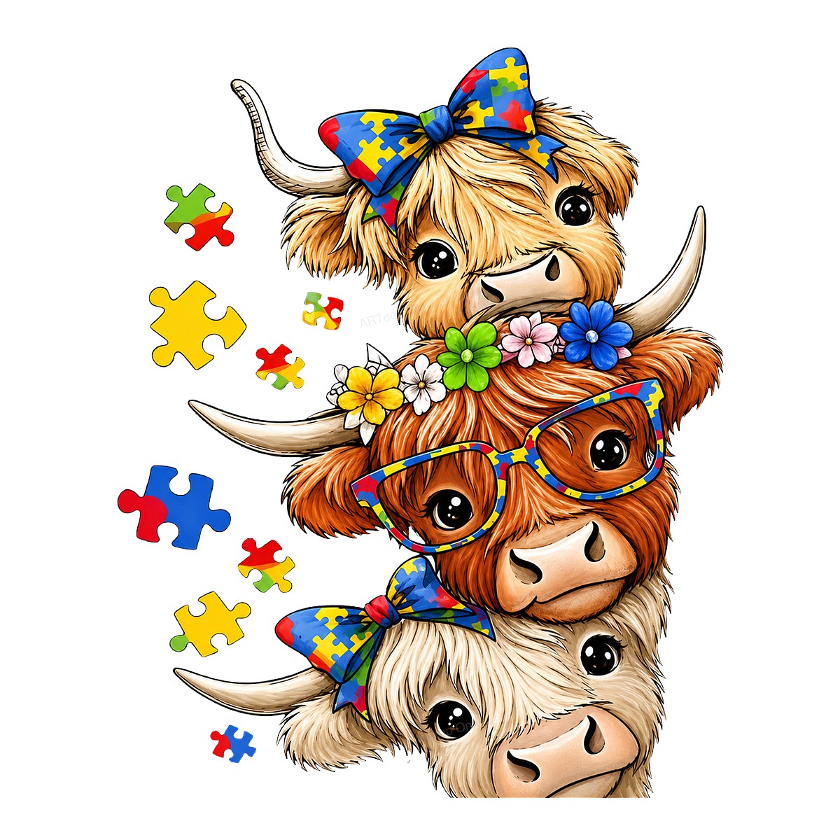 DTF Transfer Cute Highland Cows with Puzzle Piece Bows and Glasses Graphic for T Shirts Hoodies and Tote Bags - 1