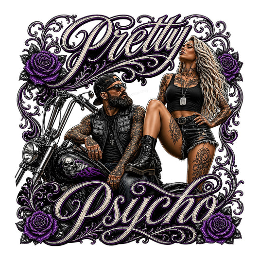 DTF Transfer Pretty Psycho Biker Couple with Purple Rose Tattoo Art for T Shirts Hoodies and Biker Apparel - 1
