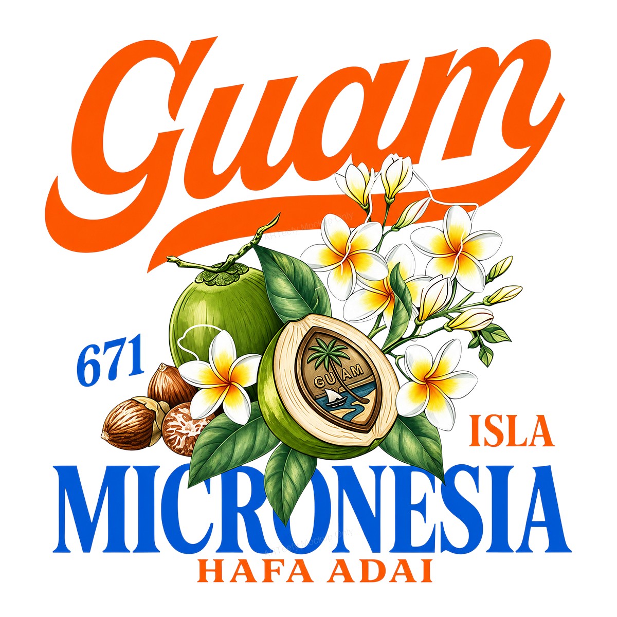 DTF Heat Transfer Guam Micronesia 671 Hafa Adai Tropical Coconut and Plumeria Graphic for T Shirts Hoodies and Travel Apparel - 1