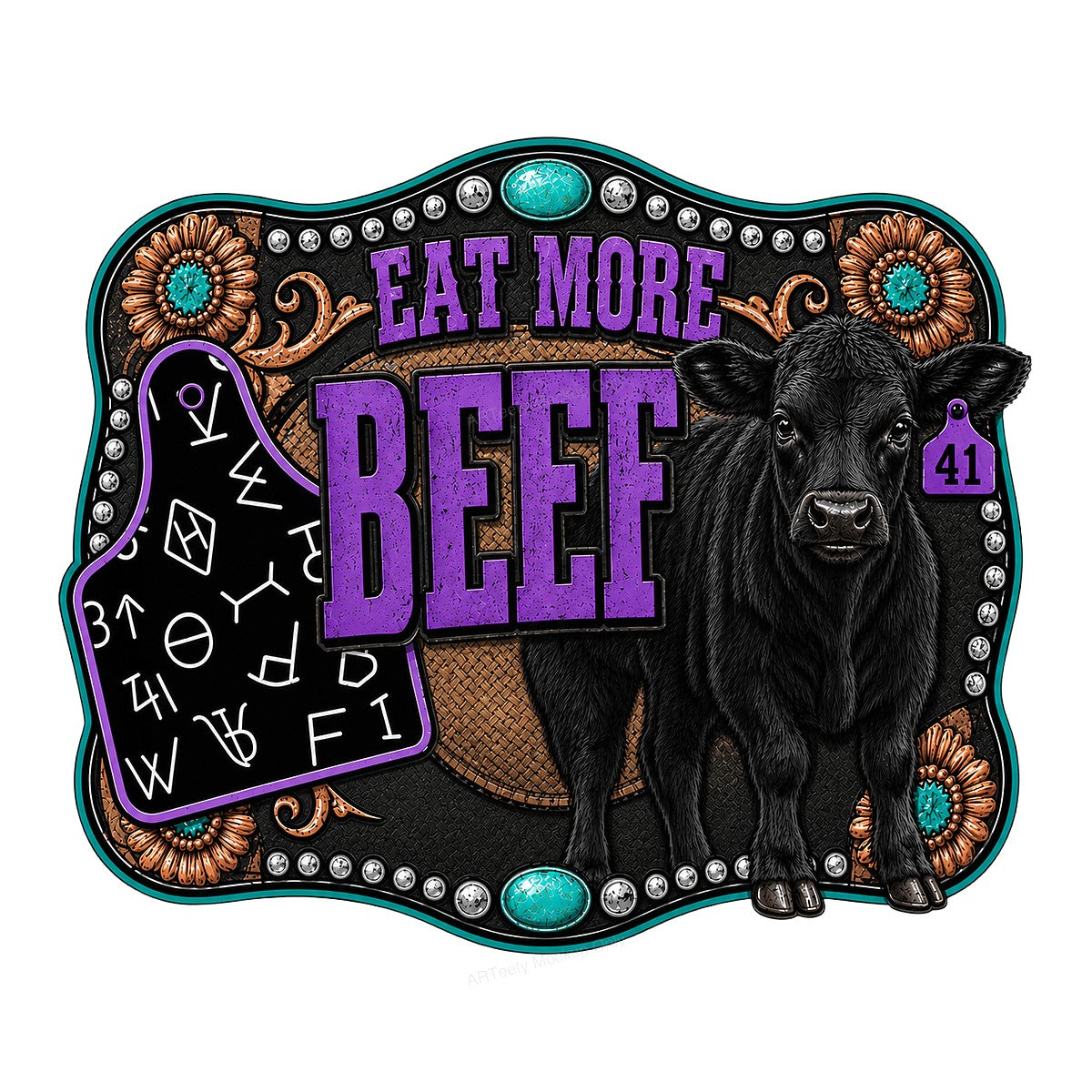 Western Heat Transfer Eat More Beef Cow Graphic with Turquoise Concho Detail for T Shirts Hoodies and Farm Ranch Apparel - 1
