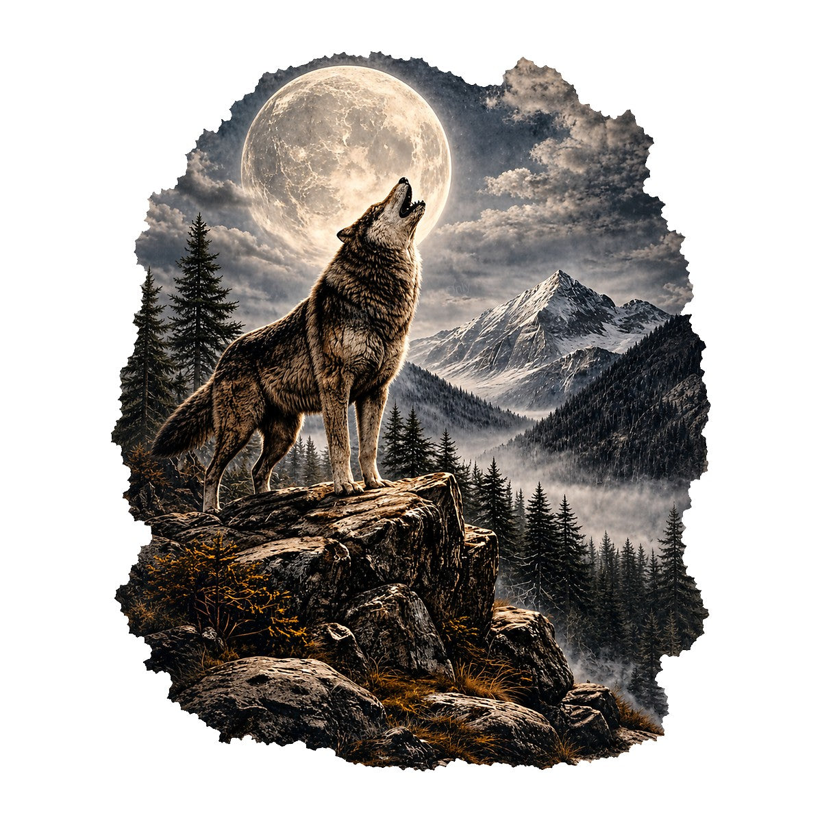 DTF Heat Transfer Howling Wolf Under Full Moon Mountain Landscape Graphic for T Shirts Hoodies and Tote Bags - 1