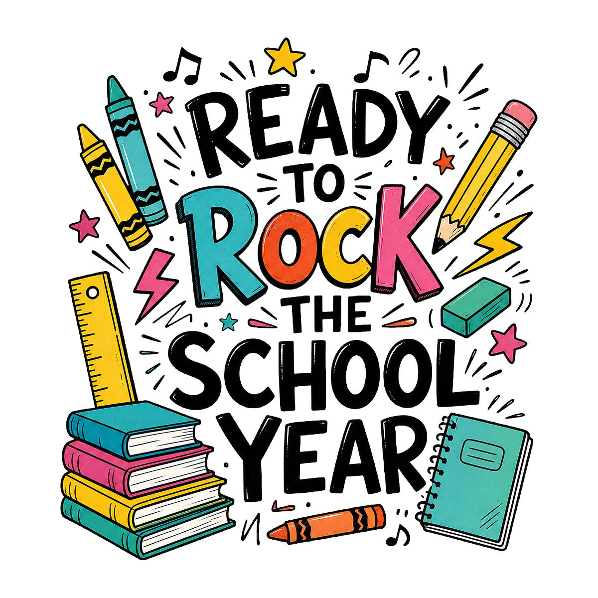 DTF Heat Transfer Ready To Rock The School Year Back To School Crayons and Books Graphic for T Shirts Hoodies and Teacher Apparel - 1