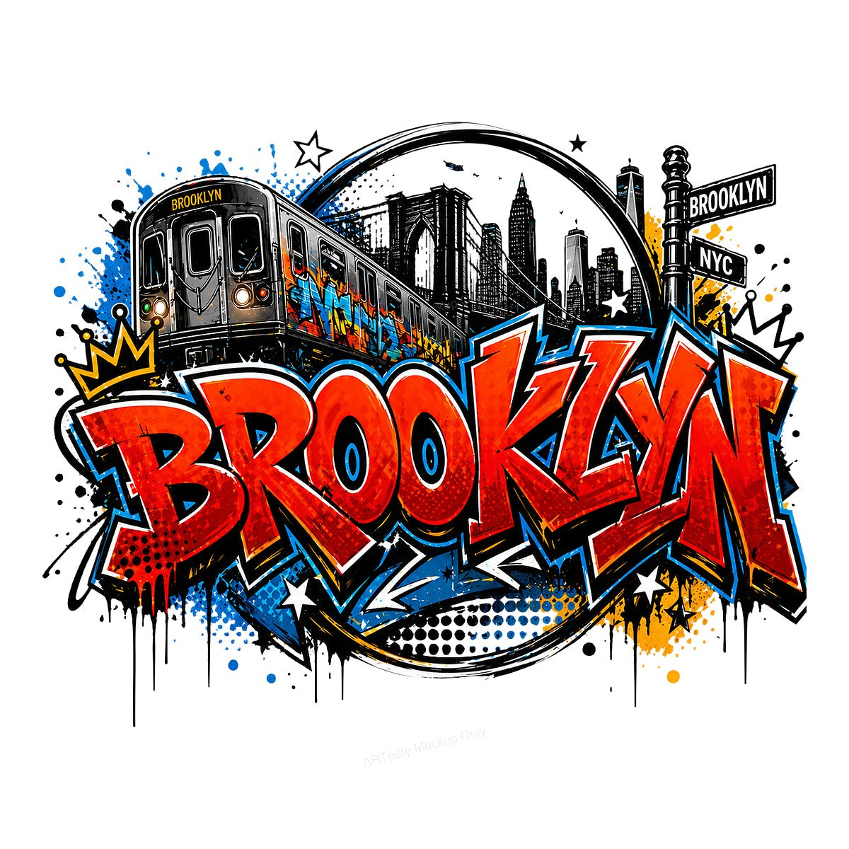 DTF Heat Transfer Brooklyn Subway and Skyline Graffiti Street Art Graphic for T Shirts Hoodies and Tote Bags - 1