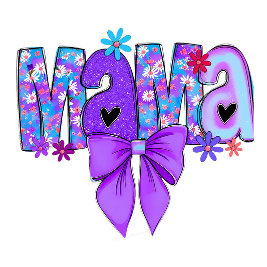 DTF Heat Transfer Mama Floral Glitter Letters with Purple Bow Graphic for T Shirts Hoodies and Tote Bags - 1