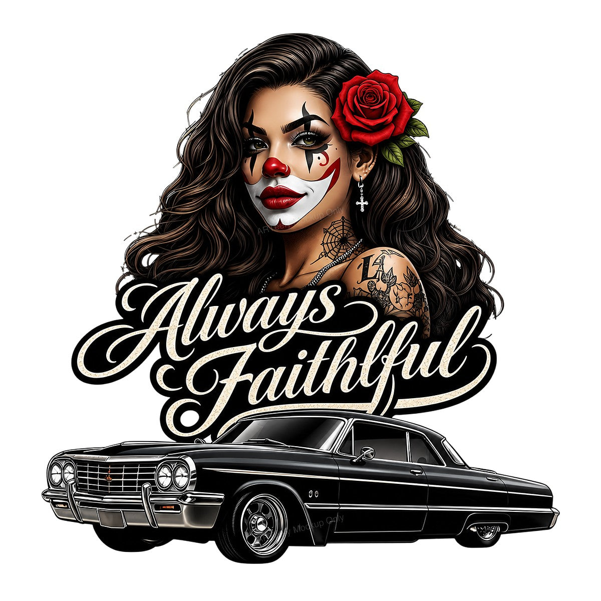 DTF Heat Transfer Always Faithful Chicana Rose and Lowrider Car Graphic for T Shirts Hoodies and Streetwear Apparel - 1