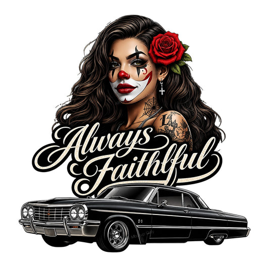 DTF Heat Transfer Always Faithful Chicana Rose and Lowrider Car Graphic for T Shirts Hoodies and Streetwear Apparel - 1