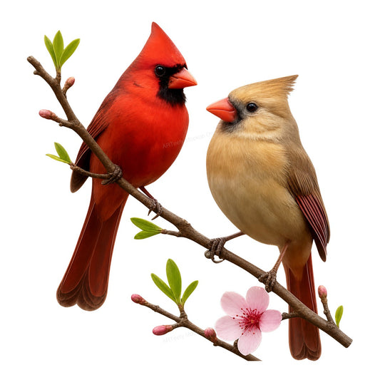 DTF Heat Transfer Red and Yellow Cardinals on Blossom Branch Realistic Bird Art for T Shirts Hoodies and Tote Bags - 1