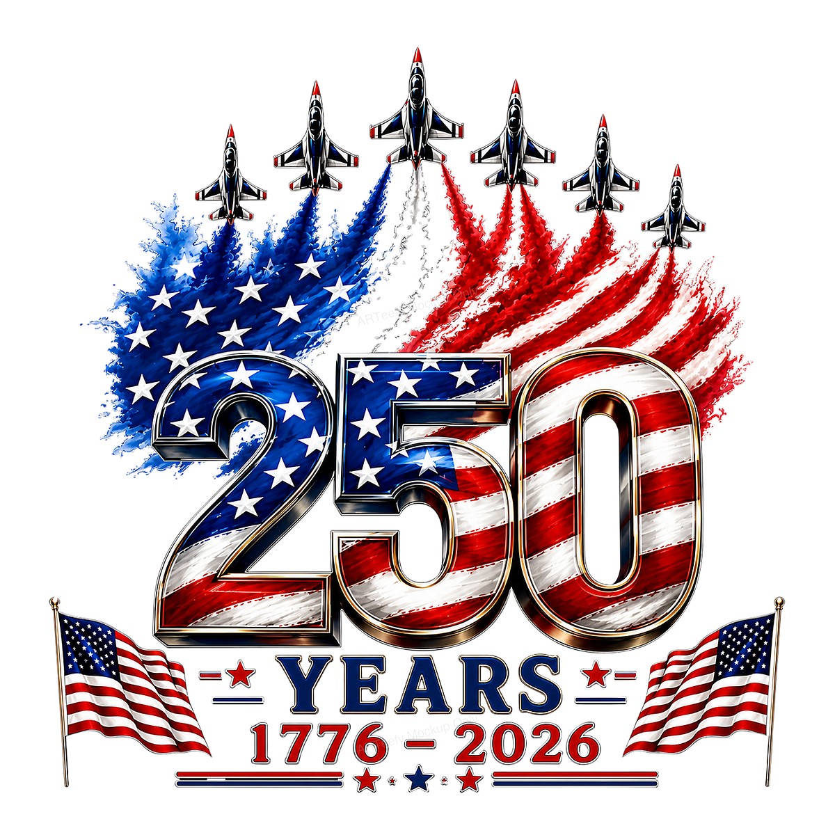 DTF Heat Transfer USA 250 Years 1776 2026 Patriotic Flag and Jets Graphic for T Shirts Hoodies and Tote Bags - 1