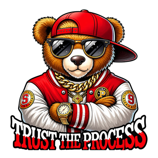 DTF Transfer Trust The Process Cool Bear in Varsity Jacket Graphic for T Shirts Hoodies and Streetwear Apparel - 1