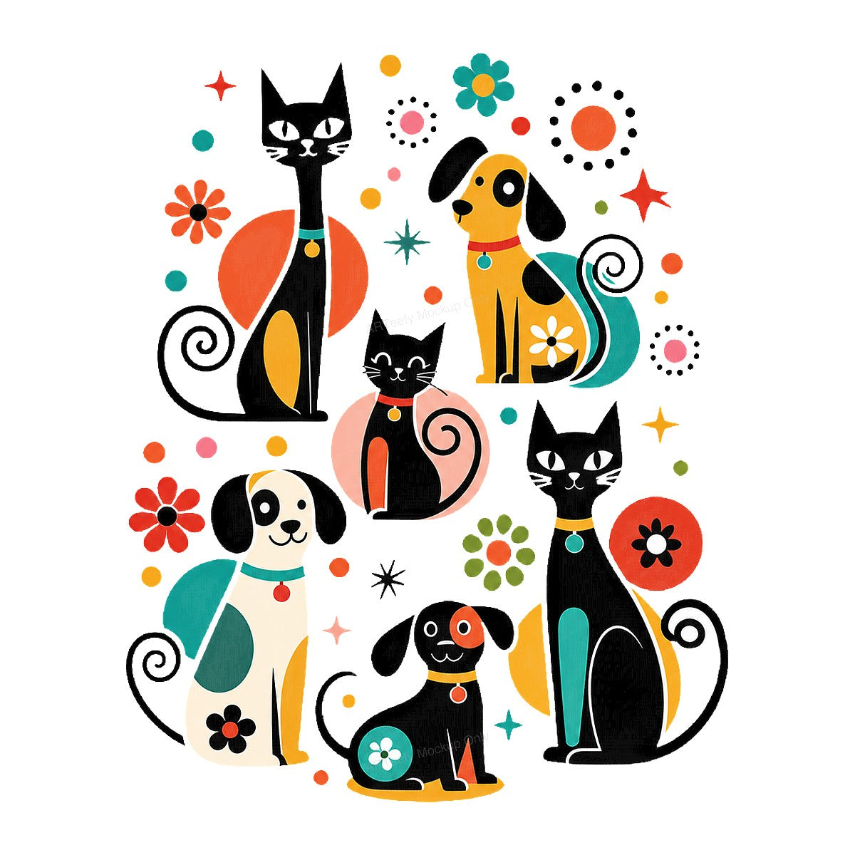 DTF Heat Transfer Retro Cats and Dogs Graphic with Colorful Geometric Flowers for T Shirts Hoodies and Tote Bags - 1