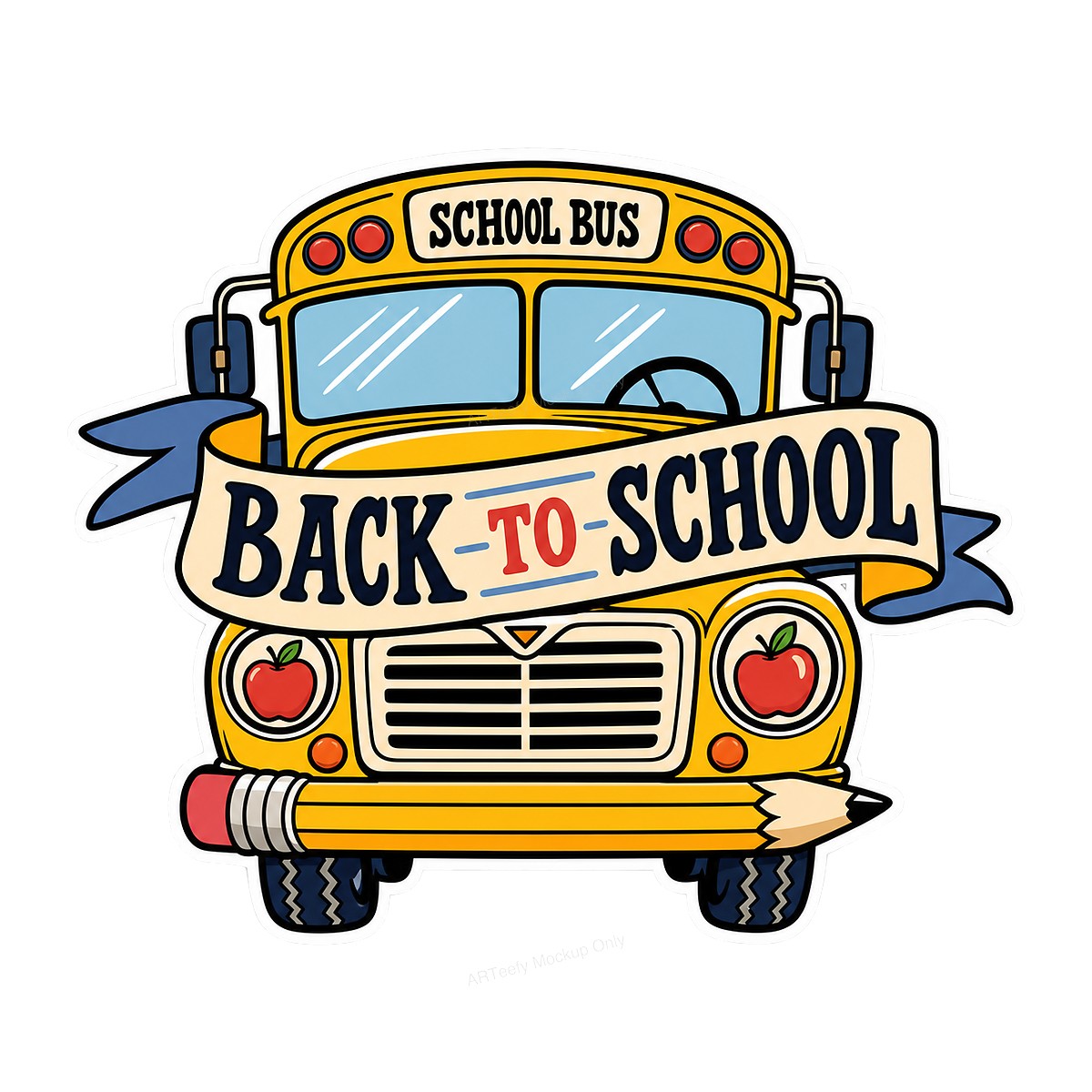 DTF Transfer Back To School Yellow School Bus with Pencil and Apples Graphic for T Shirts Hoodies and Tote Bags - 1
