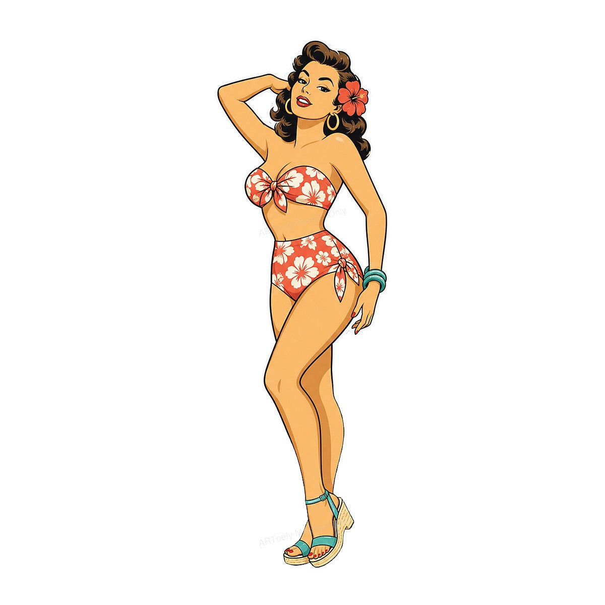 DTF Transfer Retro Pin Up Woman in Floral Bikini Graphic for T Shirts Hoodies and Beachwear - 1