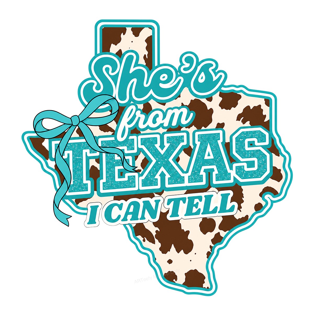 DTF Heat Transfer She’s From Texas Quote Cow Print State Outline with Bow Graphic for T Shirts Hoodies and Tote Bags - 1