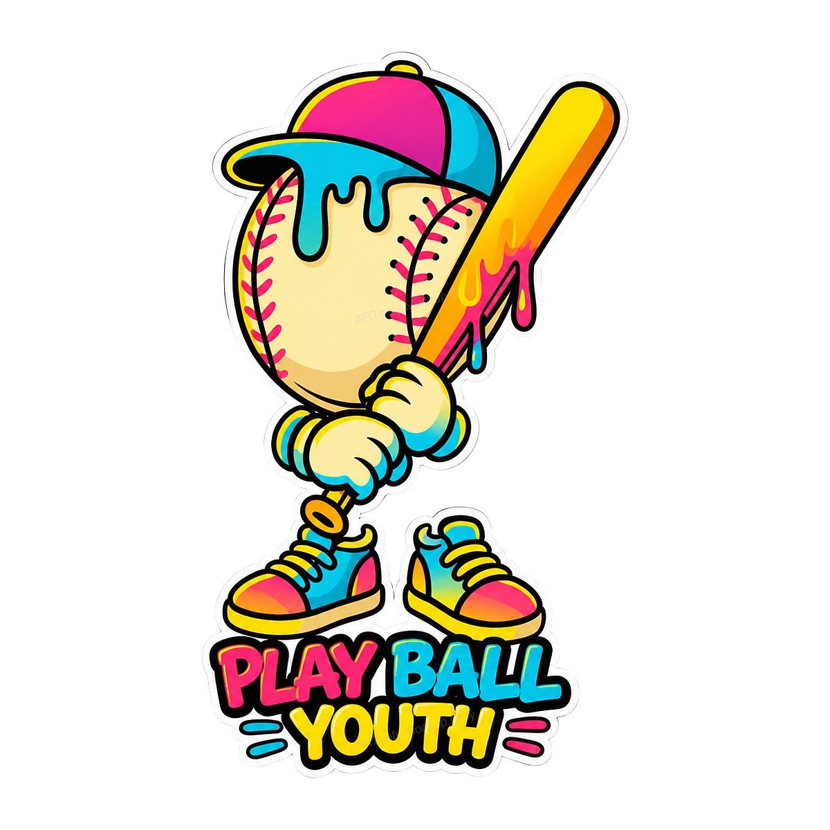 DTF Heat Transfer Play Ball Youth Baseball Character Neon Cartoon Graphic for T Shirts Hoodies and Team Apparel - 1