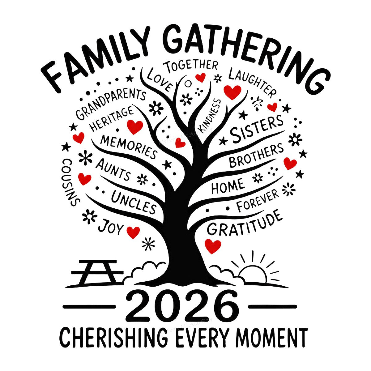 DTF Transfer Family Gathering 2026 Cherishing Every Moment Tree Graphic for Reunion T Shirts Hoodies and Tote Bags - 1