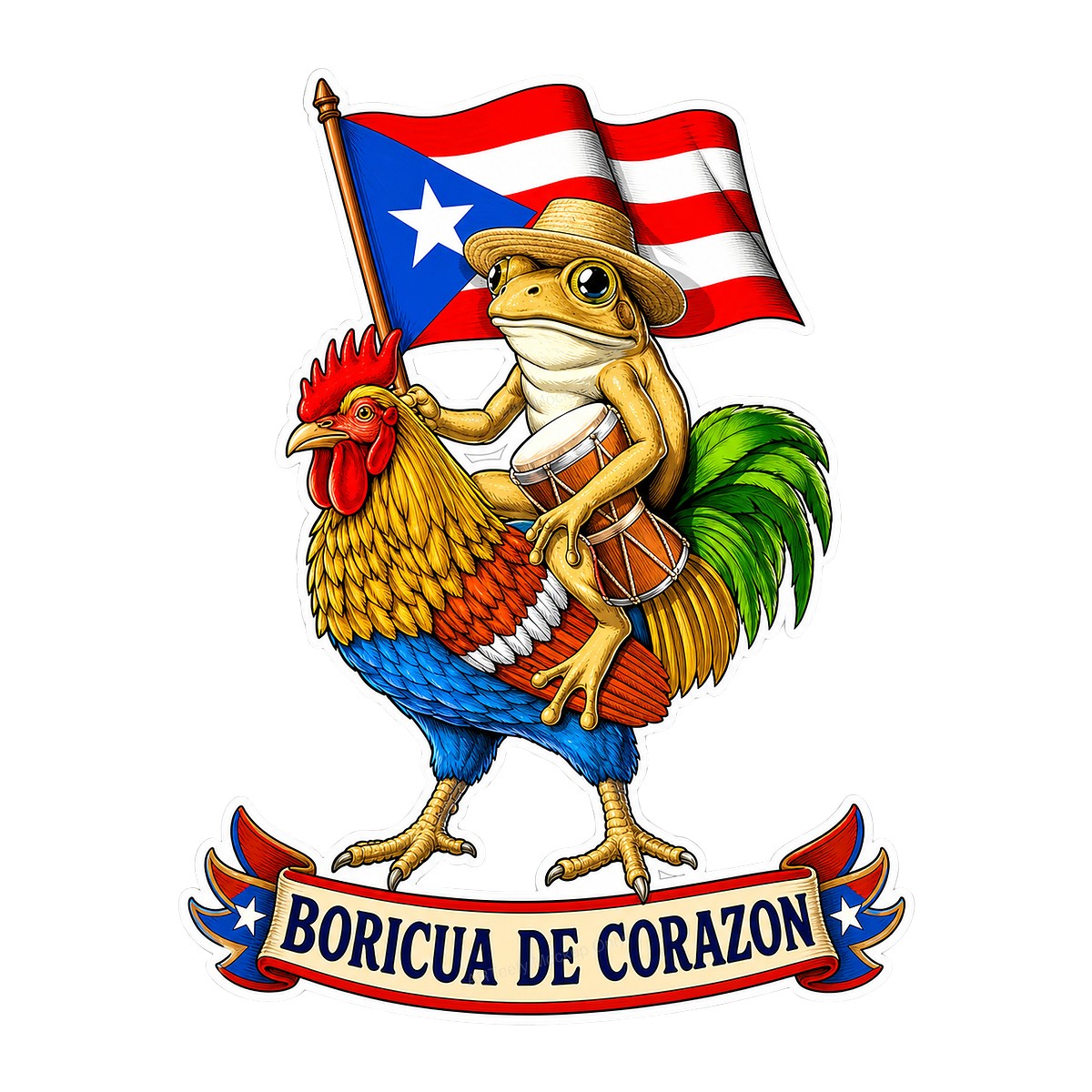 DTF Heat Transfer Boricua De Corazon Coqui Frog on Rooster Puerto Rican Flag Graphic for T Shirts Hoodies and Tote Bags - 1