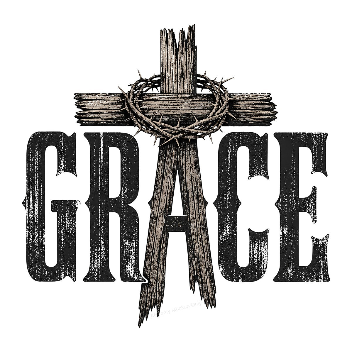 Christian Heat Transfer GRACE Wooden Cross with Crown of Thorns Rustic Graphic for T Shirts Hoodies and Tote Bags - 1