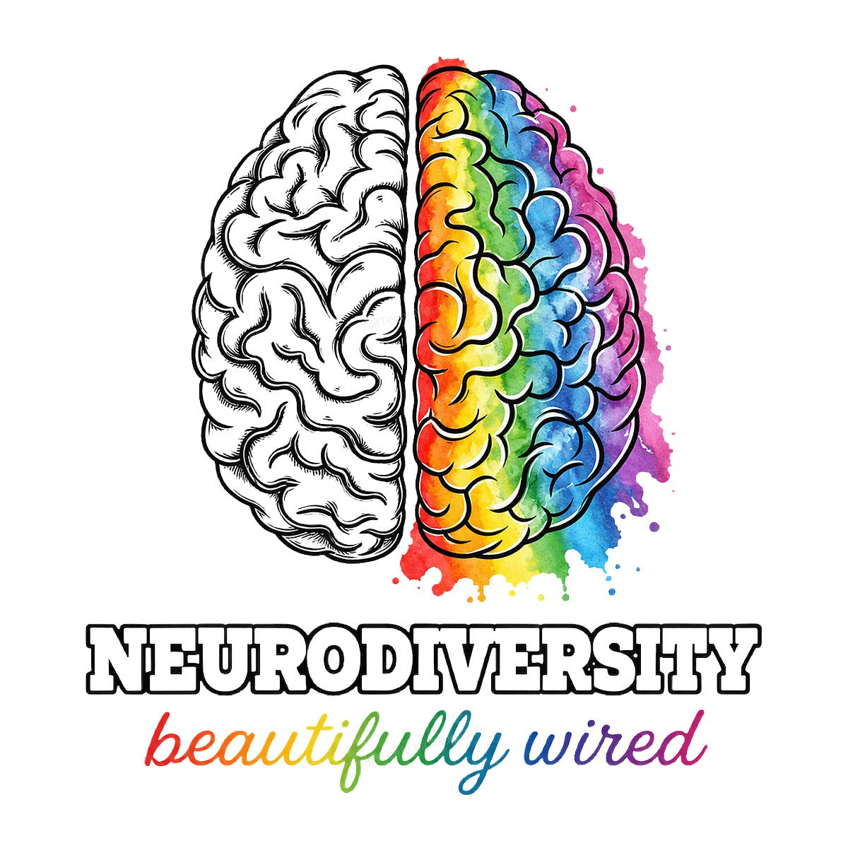 DTF Transfer Neurodiversity Beautifully Wired Rainbow Brain Graphic for T Shirts Hoodies and Tote Bags - 1