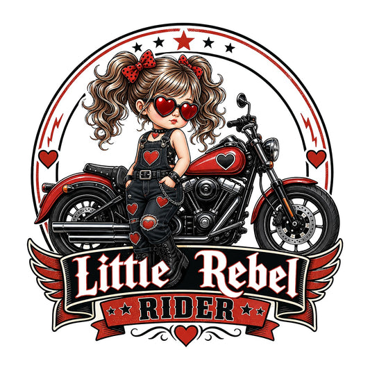 DTF Heat Transfer Little Rebel Rider Biker Girl with Red Hearts Graphic for T Shirts Hoodies and Tote Bags - 1